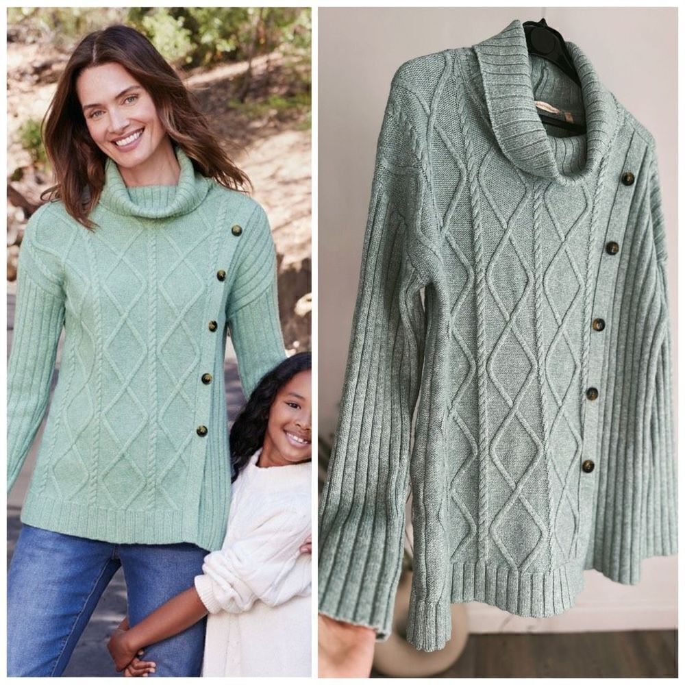 SOFT SURROUNDINGS AUDETTE CABLE KNIT SIDE BUTTON GREEN COWL NECK SWEATER LARGE - Picture 3 of 5